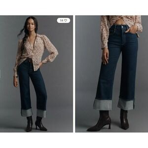 NEW! PAIGE Sasha Jeans Womens 31 Dark Wash High-Rise Wide-Leg Cuffed MSRP$259